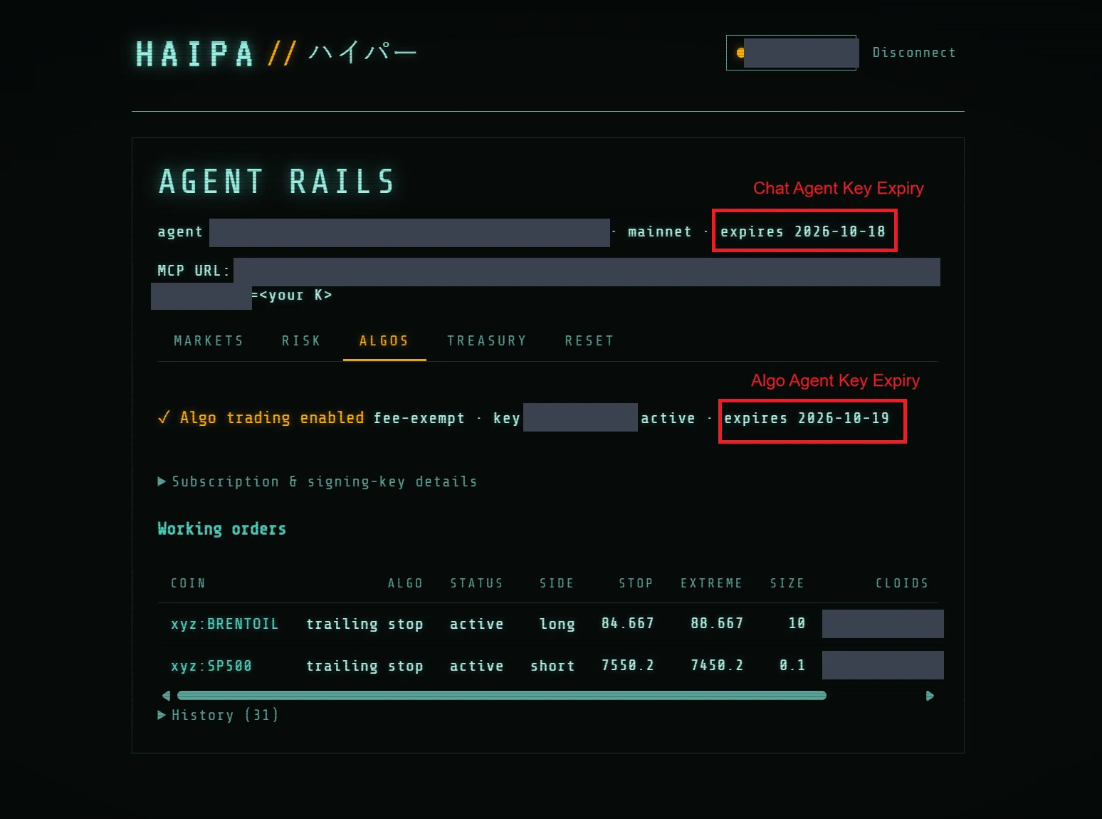 Algos tab showing agent key and algo key expiry
