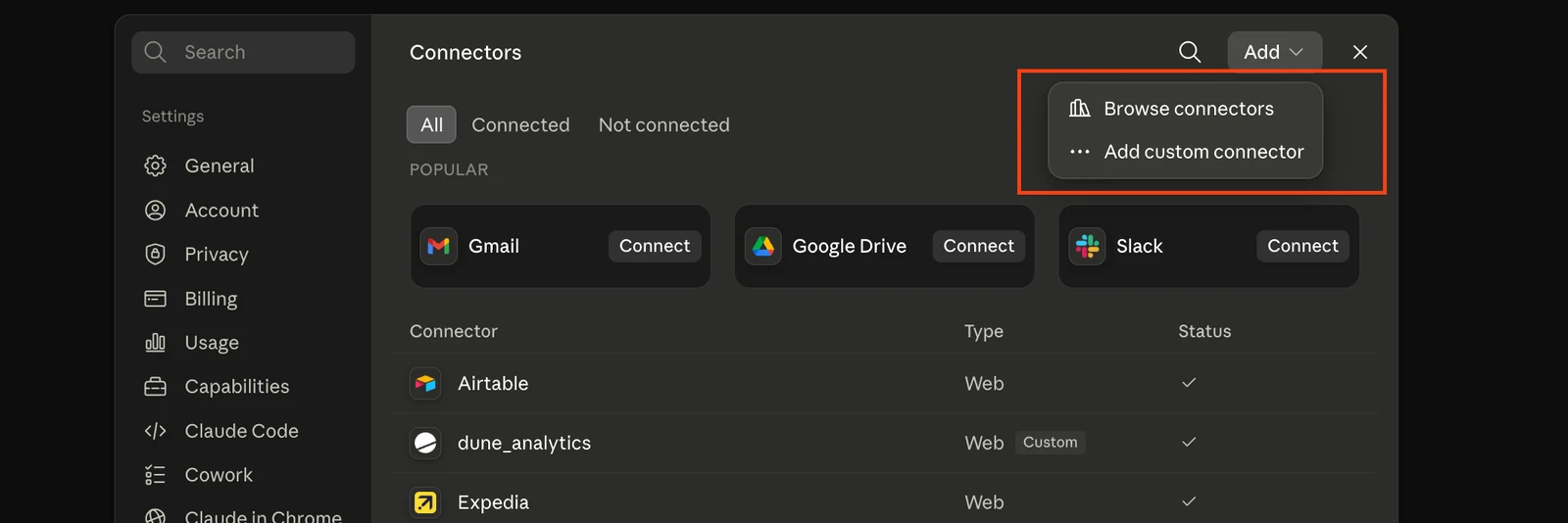 Add dropdown with Add custom connector highlighted